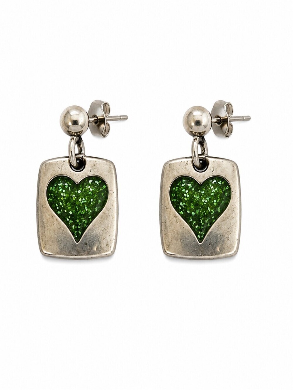 3/$30 VTG Glitter Green Heart Coquette Metal Post Dangle Earrings